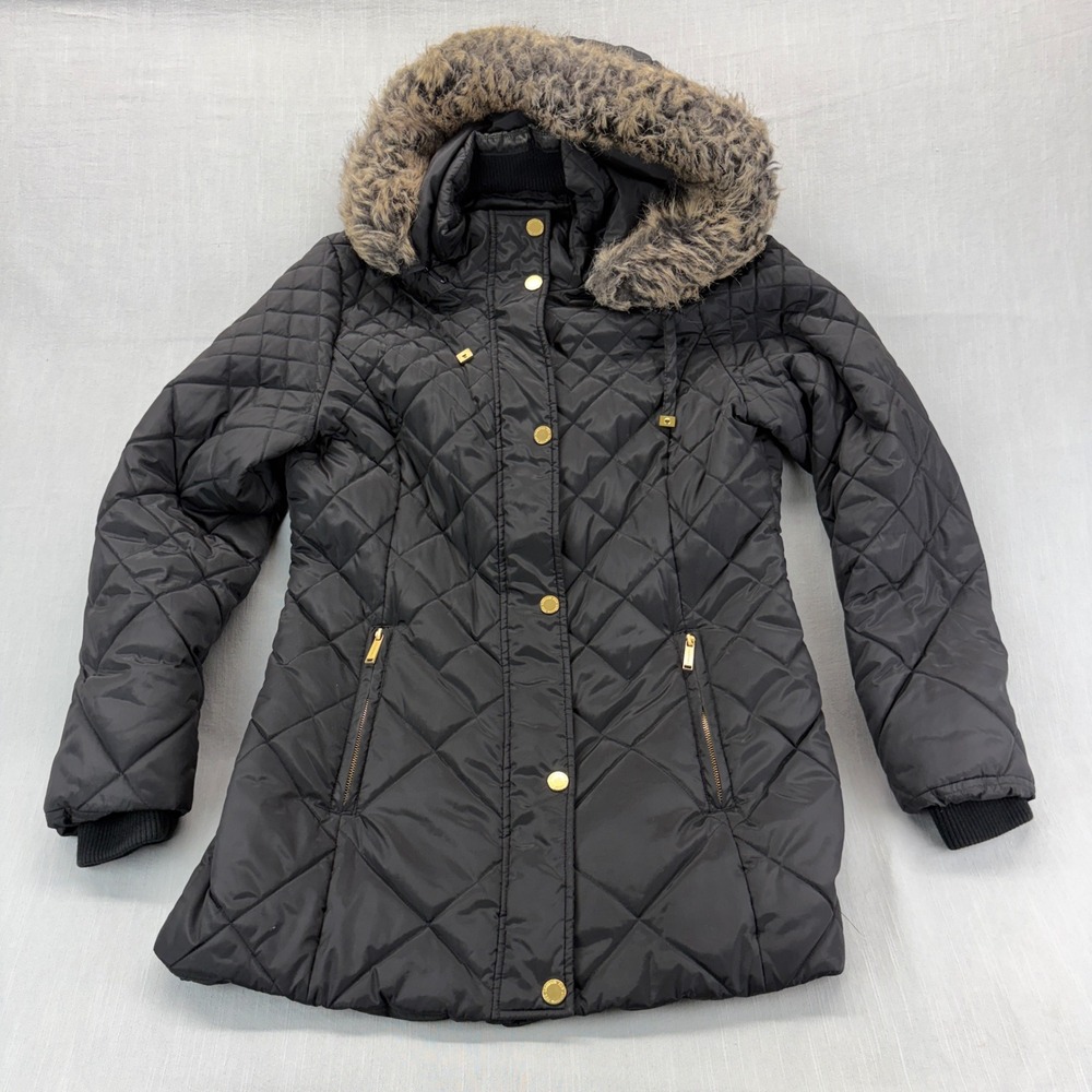 London Fog Puffer Jacket Women M Quilted Faux Fur Hood Black Gold Hardware